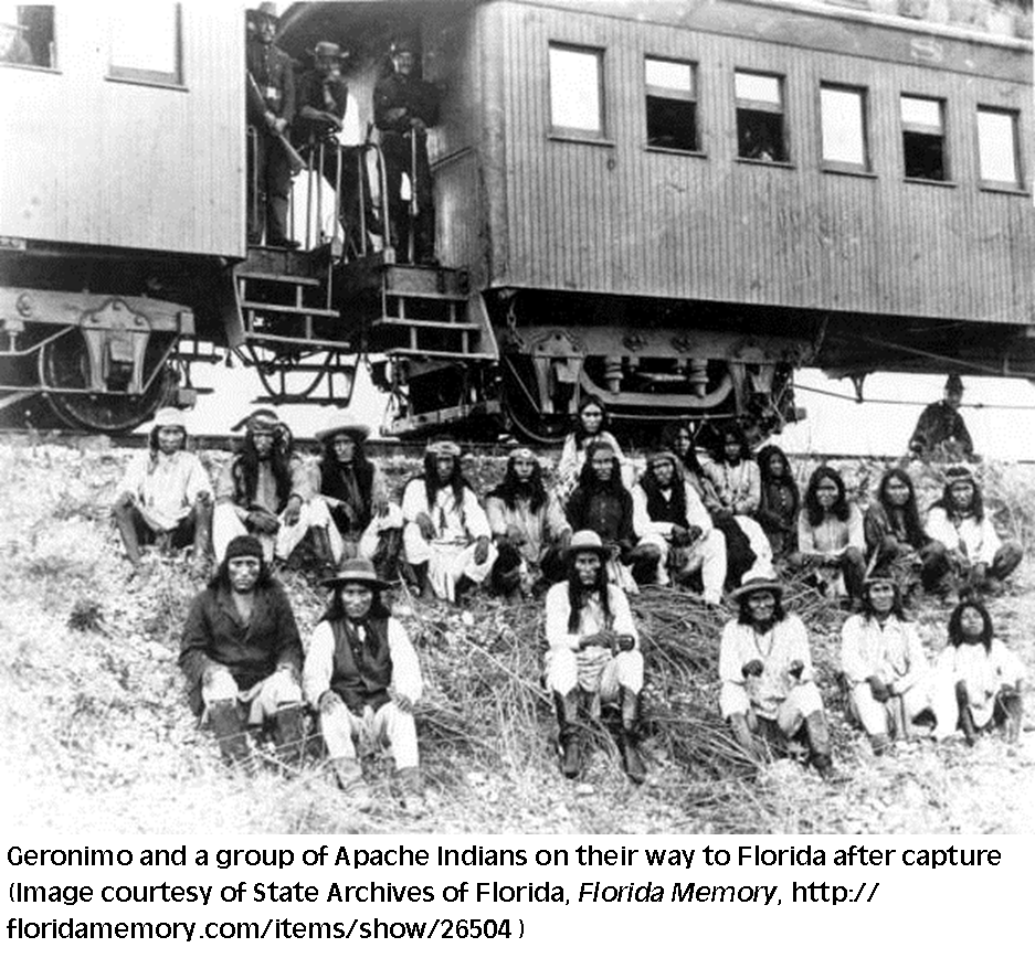 Geronimo and group of captured Apache Indians on way to Florida